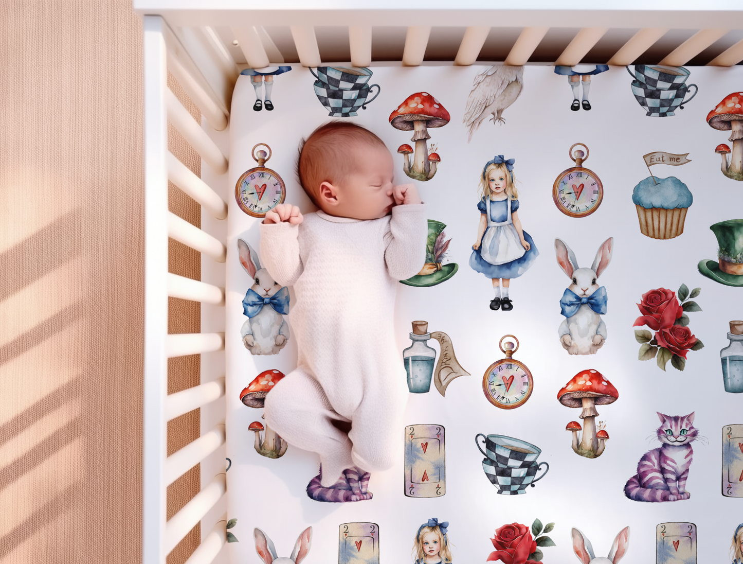 Alice In Wonderland Standard Fitted Crib Sheet, Baby Gift, Alice In Wonderland Nursery, Fairytale Nursery, Baby Shower Gift, Crib Sheet