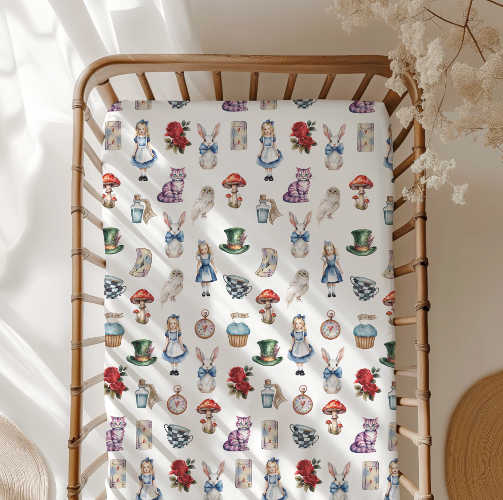 Alice In Wonderland Standard Fitted Crib Sheet, Baby Gift, Alice In Wonderland Nursery, Fairytale Nursery, Baby Shower Gift, Crib Sheet