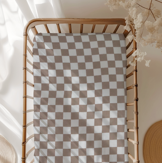 Beige Checkerboard Fitted Crib Sheet