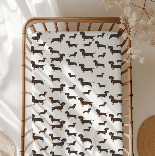 Dachshund Standard Crib Sheet. Weiner Dog. Dog nursery. Dog Lover Baby Shower Gift. Puppy Nursery Decor. New Baby Gift. Crib Sheet